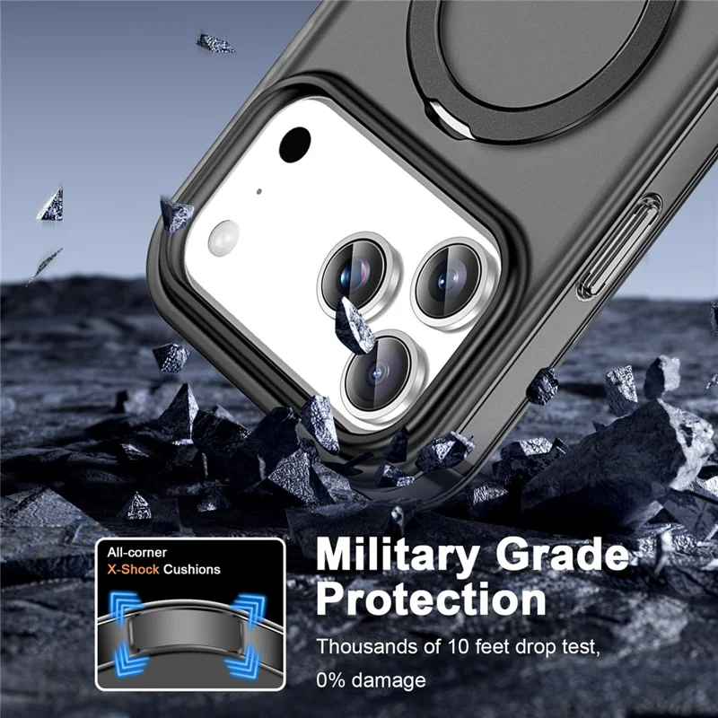 For iPhone 17 Pro Max Magnetic Case Kickstand Frosted TPU + PC Phone Cover with PET Screen Protector - Black