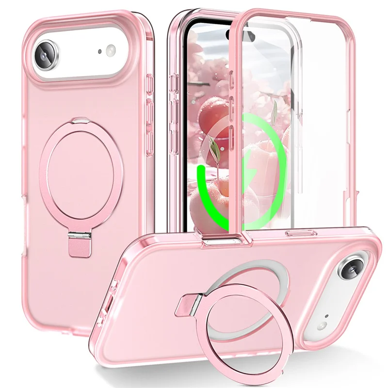 For iPhone Air Magnetic Case Kickstand Matt TPU + PC Telefonbeskyttelse med PET Skærmværn - Pink