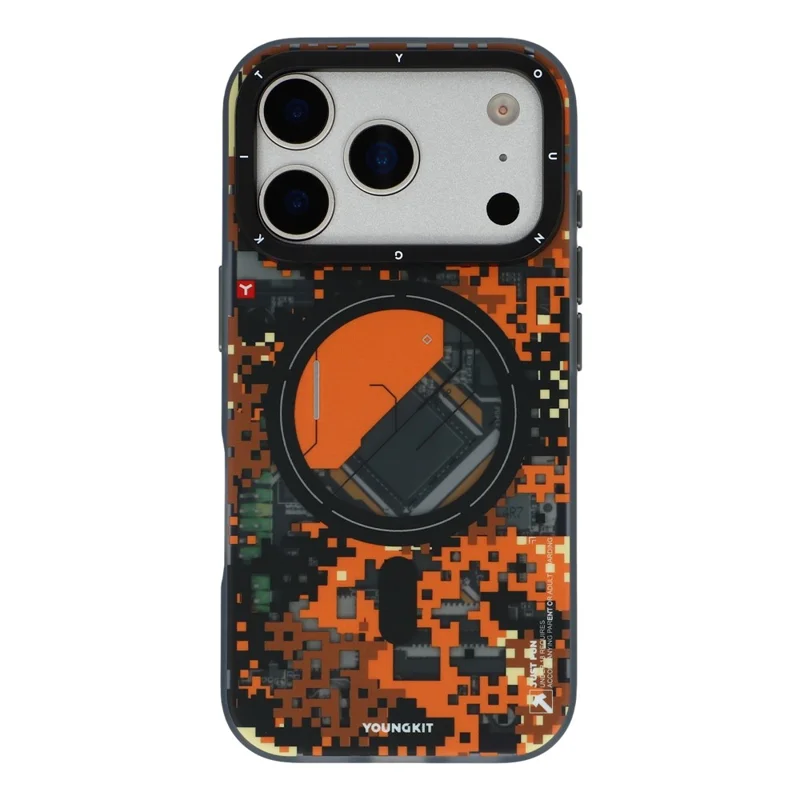 Estuche magnético YOUNGKIT para iPhone 17 Pro Pixel Camouflage 2.0 Funda protectora de TPU PC a prueba de golpes - Naranja