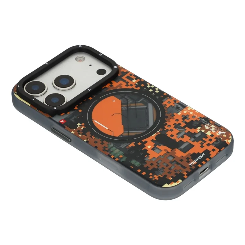 YOUNGKIT For iPhone 17 Pro Max Magnetic Case Pixel Camouflage 2.0 Shockproof TPU PC Phone Back Cover - Orange