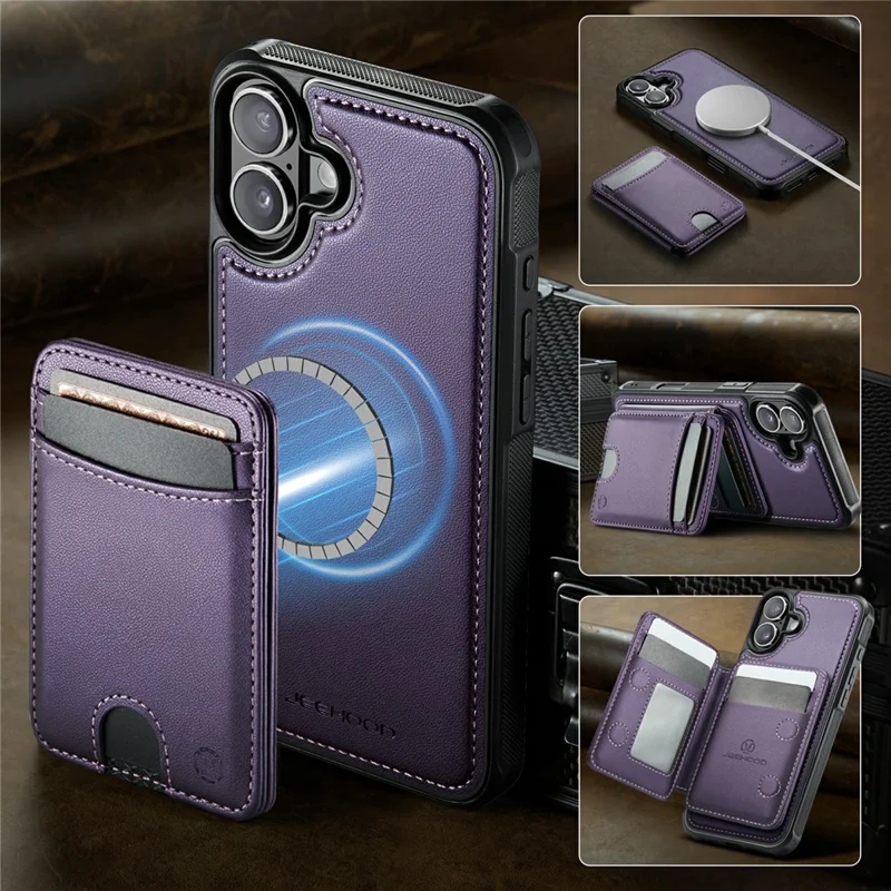 JEEHOOD J10 For iPhone 17 Case with Detachable Card Holder Kickstand Compatible with MagSafe Leather Back Phone Coverd - Purple
