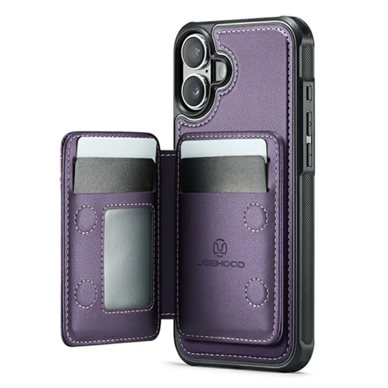 JEEHOOD J10 For iPhone 17 Case with Detachable Card Holder Kickstand Compatible with MagSafe Leather Back Phone Coverd - Purple