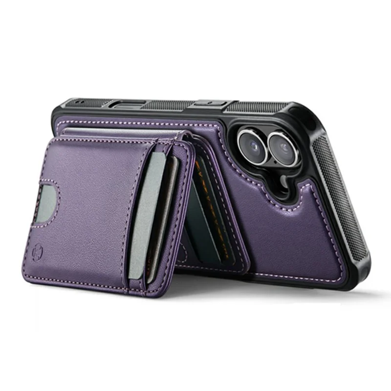 JEEHOOD J10 For iPhone 17 Case with Detachable Card Holder Kickstand Compatible with MagSafe Leather Back Phone Coverd - Purple