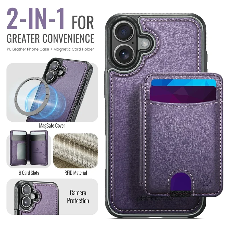 JEEHOOD J10 For iPhone 17 Case with Detachable Card Holder Kickstand Compatible with MagSafe Leather Back Phone Coverd - Purple