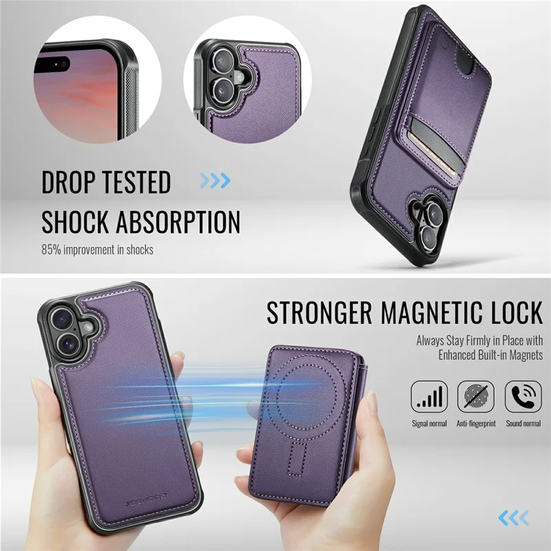 JEEHOOD J10 For iPhone 17 Case with Detachable Card Holder Kickstand Compatible with MagSafe Leather Back Phone Coverd - Purple