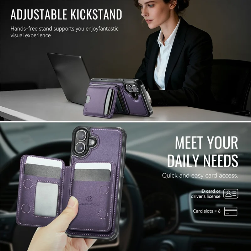 JEEHOOD J10 For iPhone 17 Case with Detachable Card Holder Kickstand Compatible with MagSafe Leather Back Phone Coverd - Purple