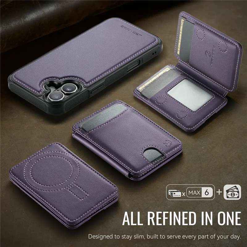 JEEHOOD J10 For iPhone 17 Case with Detachable Card Holder Kickstand Compatible with MagSafe Leather Back Phone Coverd - Purple