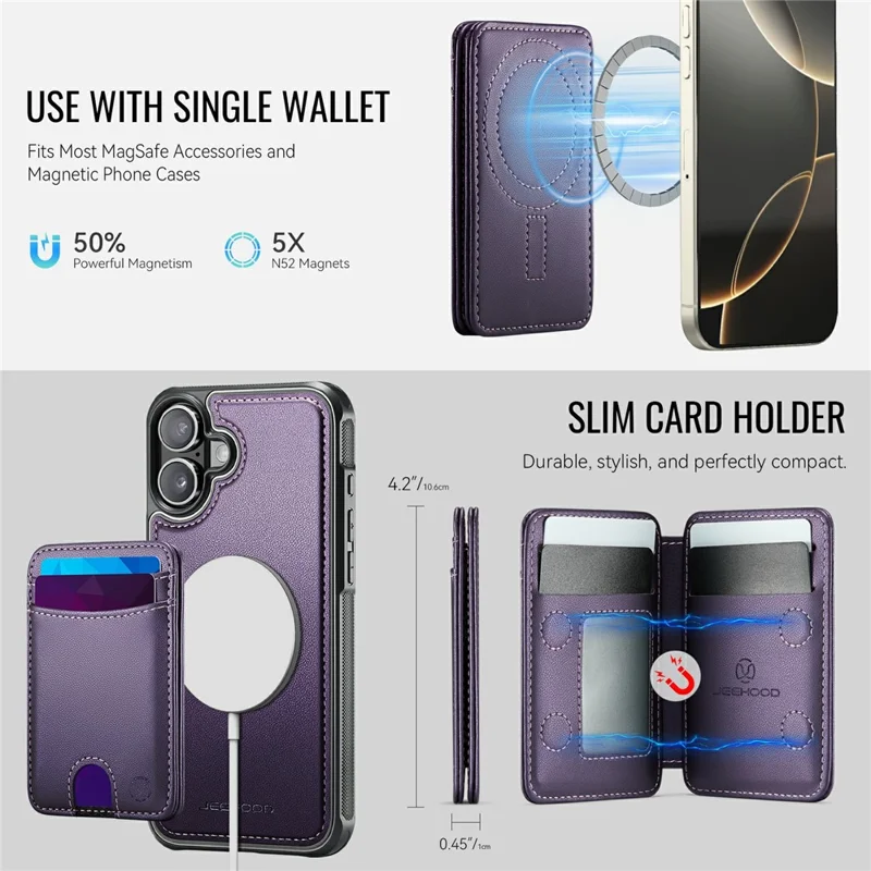 JEEHOOD J10 For iPhone 17 Case with Detachable Card Holder Kickstand Compatible with MagSafe Leather Back Phone Coverd - Purple