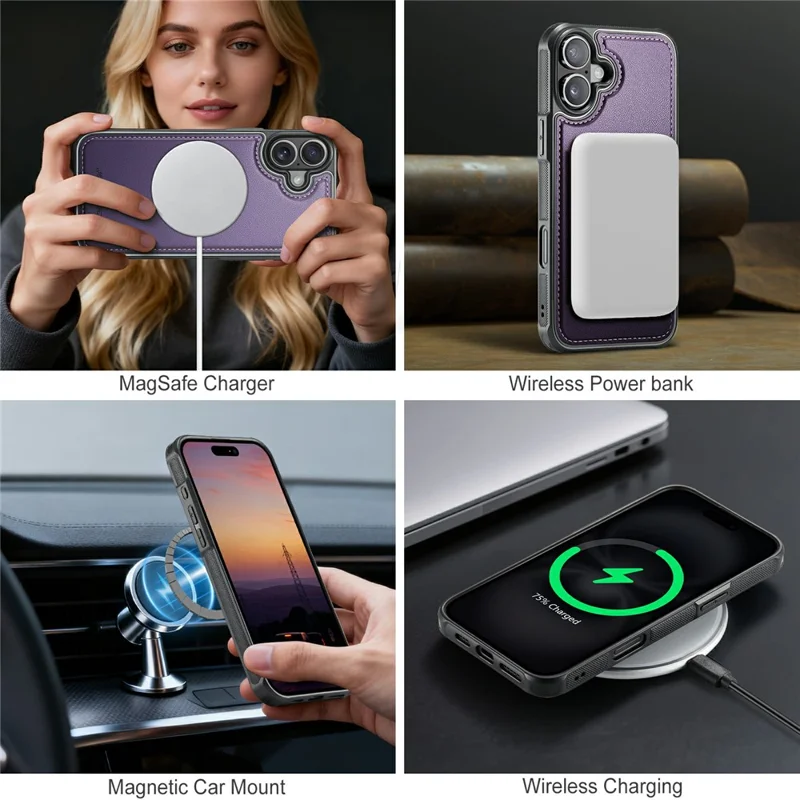 JEEHOOD J10 For iPhone 17 Case with Detachable Card Holder Kickstand Compatible with MagSafe Leather Back Phone Coverd - Purple