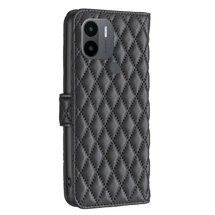 Binfen Color BF Style-14 Para Xiaomi Redmi A1 4G / A1+ 4G PU Caelo de Capelo de Capela Prestendo Rhombus Padrão de Proteção Proteção Caso Magnético Flip Stand Stand Cartet Tampa - Preto