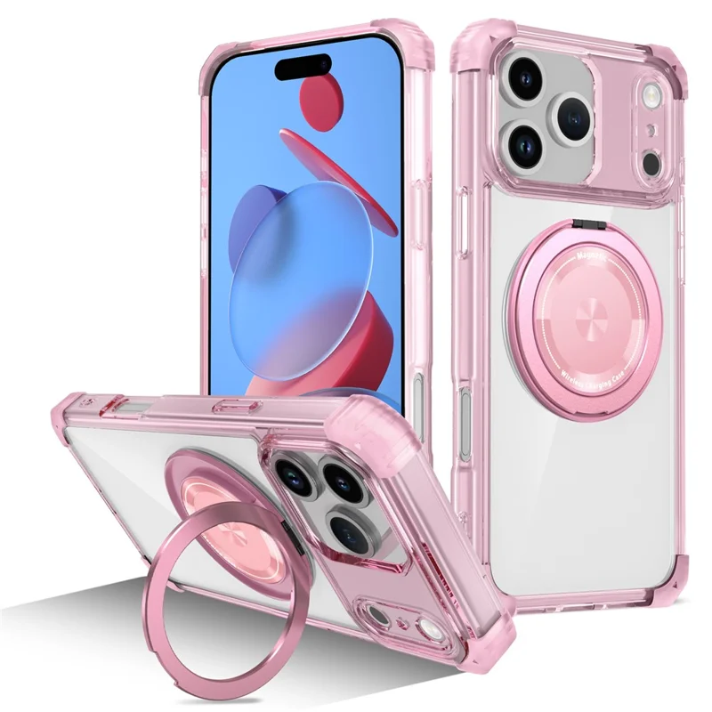 Étui iPhone 17 Pro Max Compatible avec MagSafe Béquille Rotative PC + Coque Arrière TPU - Rose Transparent
