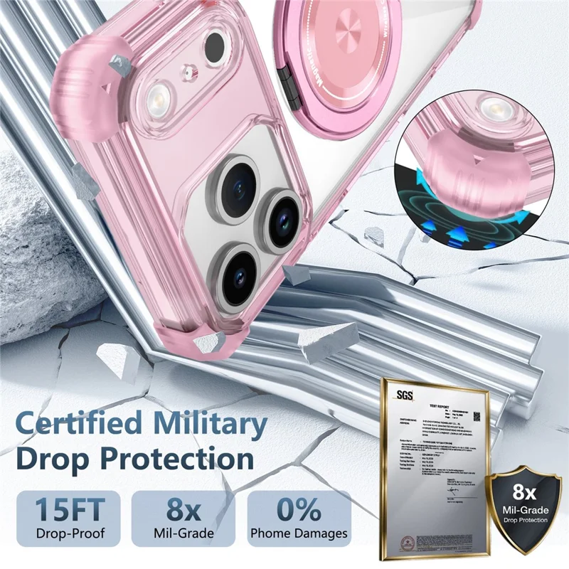 Étui iPhone 17 Pro Max Compatible avec MagSafe Béquille Rotative PC + Coque Arrière TPU - Rose Transparent