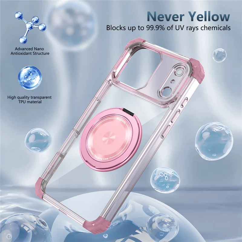 Étui iPhone 17 Pro Max Compatible avec MagSafe Béquille Rotative PC + Coque Arrière TPU - Rose Transparent