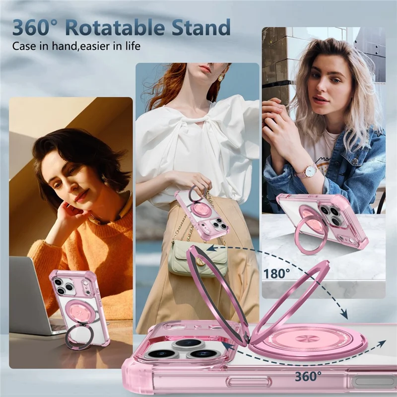 Étui iPhone 17 Pro Max Compatible avec MagSafe Béquille Rotative PC + Coque Arrière TPU - Rose Transparent