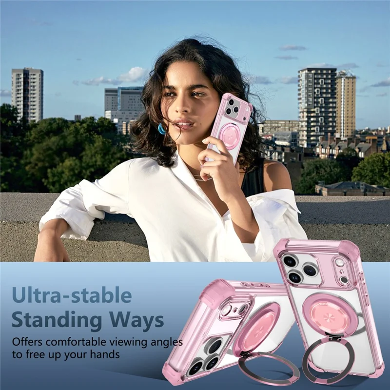 Étui iPhone 17 Pro Max Compatible avec MagSafe Béquille Rotative PC + Coque Arrière TPU - Rose Transparent