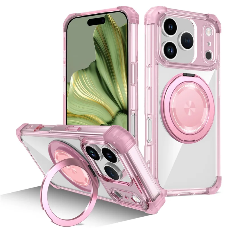 Custodia iPhone 17 Pro Compatibile con MagSafe Supporto Rotante PC + Copertura Posteriore in TPU - Rosa Trasparente
