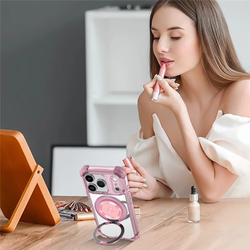 Custodia iPhone 17 Pro Compatibile con MagSafe Supporto Rotante PC + Copertura Posteriore in TPU - Rosa Trasparente