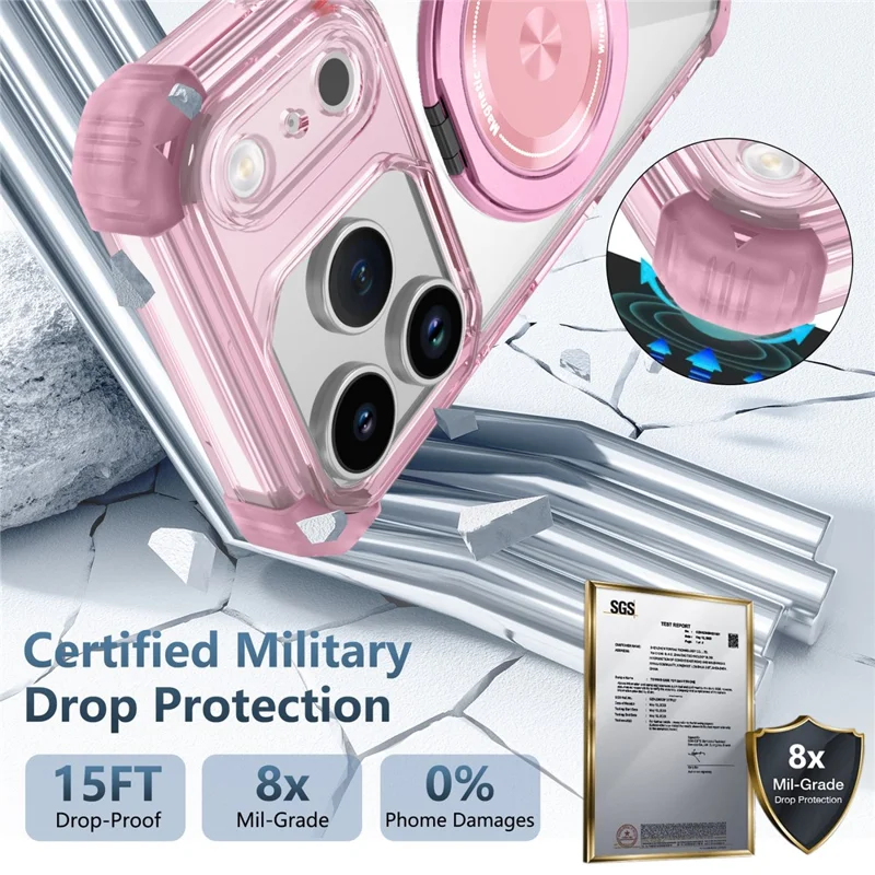 Custodia iPhone 17 Pro Compatibile con MagSafe Supporto Rotante PC + Copertura Posteriore in TPU - Rosa Trasparente