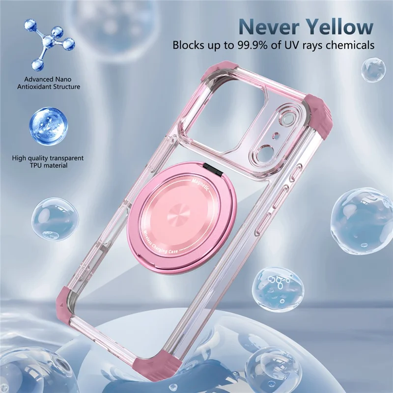 Custodia iPhone 17 Pro Compatibile con MagSafe Supporto Rotante PC + Copertura Posteriore in TPU - Rosa Trasparente