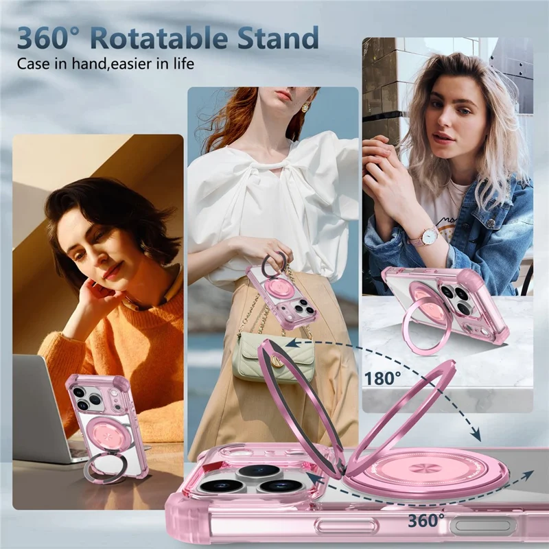 Custodia iPhone 17 Pro Compatibile con MagSafe Supporto Rotante PC + Copertura Posteriore in TPU - Rosa Trasparente