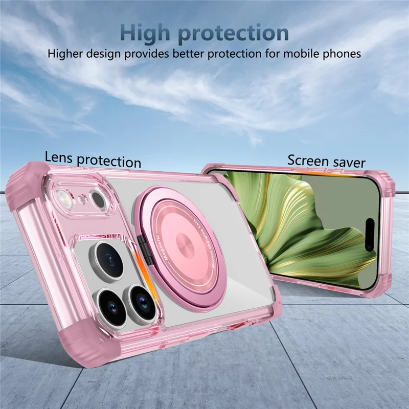 Custodia iPhone 17 Pro Compatibile con MagSafe Supporto Rotante PC + Copertura Posteriore in TPU - Rosa Trasparente