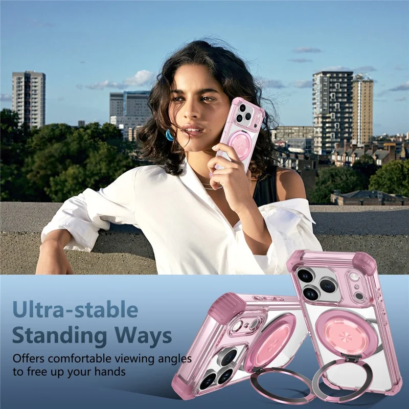 Custodia iPhone 17 Pro Compatibile con MagSafe Supporto Rotante PC + Copertura Posteriore in TPU - Rosa Trasparente