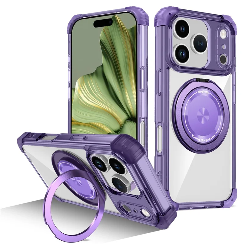 For iPhone 17 Pro Case Compatible with MagSafe Rotating Kickstand PC + TPU Back Cover - Transparent Purple