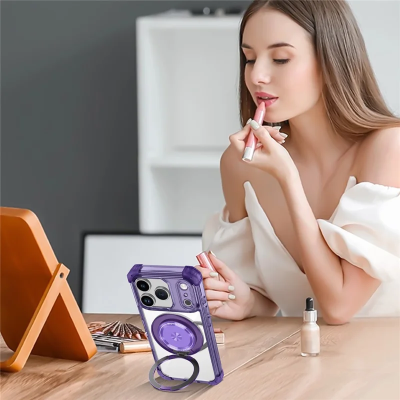 For iPhone 17 Pro Case Compatible with MagSafe Rotating Kickstand PC + TPU Back Cover - Transparent Purple