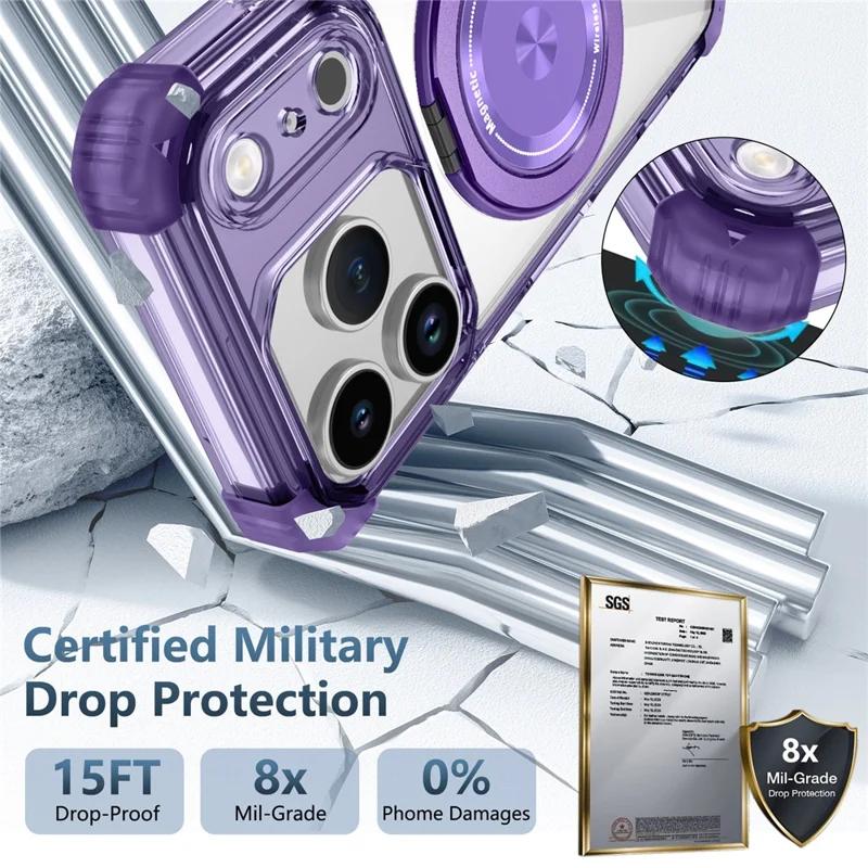 For iPhone 17 Pro Case Compatible with MagSafe Rotating Kickstand PC + TPU Back Cover - Transparent Purple