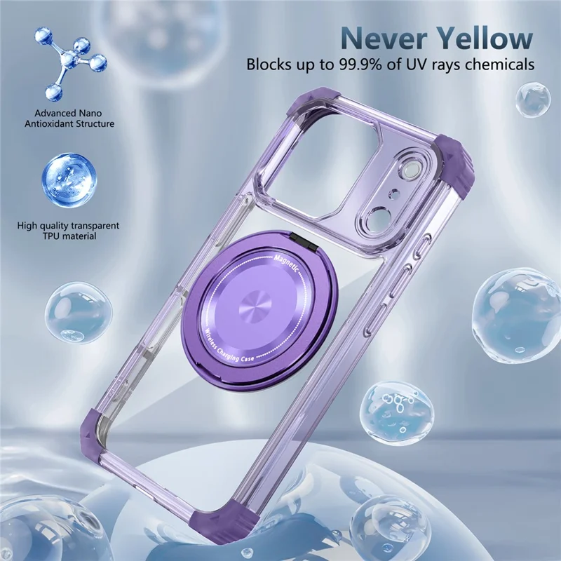 For iPhone 17 Pro Case Compatible with MagSafe Rotating Kickstand PC + TPU Back Cover - Transparent Purple