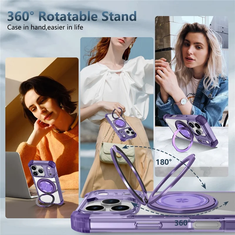 For iPhone 17 Pro Case Compatible with MagSafe Rotating Kickstand PC + TPU Back Cover - Transparent Purple