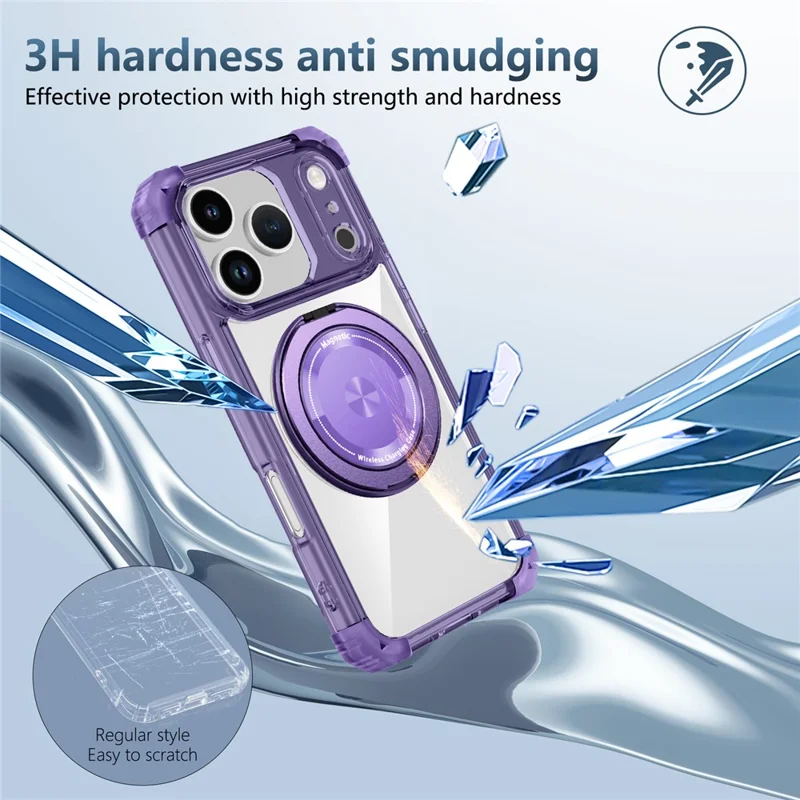 For iPhone 17 Pro Case Compatible with MagSafe Rotating Kickstand PC + TPU Back Cover - Transparent Purple
