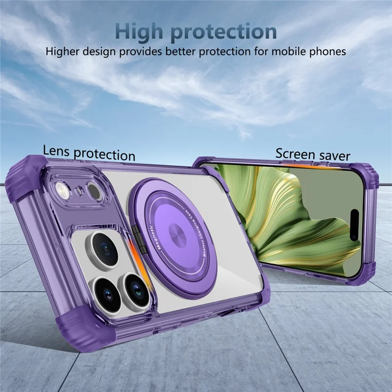 For iPhone 17 Pro Case Compatible with MagSafe Rotating Kickstand PC + TPU Back Cover - Transparent Purple