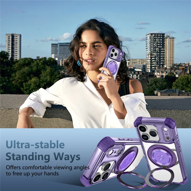 For iPhone 17 Pro Case Compatible with MagSafe Rotating Kickstand PC + TPU Back Cover - Transparent Purple