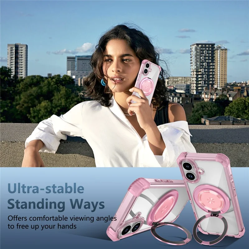 Funda para iPhone 17 compatible con MagSafe con soporte giratorio de PC + cubierta trasera de TPU - Rosa transparente