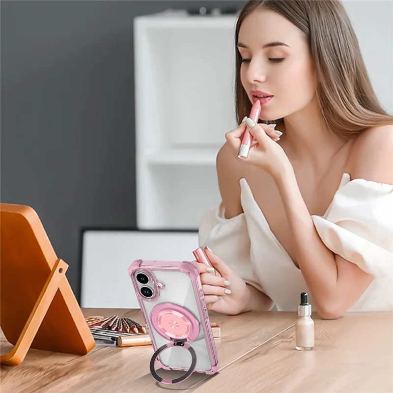 Funda para iPhone 17 compatible con MagSafe con soporte giratorio de PC + cubierta trasera de TPU - Rosa transparente