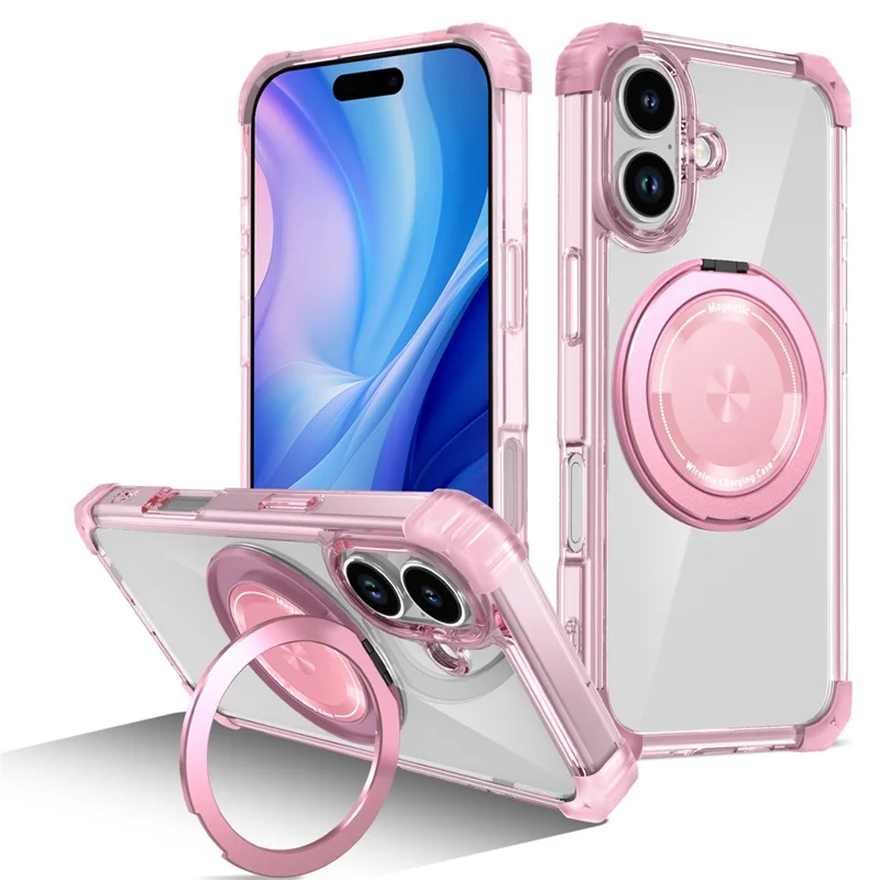Funda para iPhone 17 compatible con MagSafe con soporte giratorio de PC + cubierta trasera de TPU - Rosa transparente