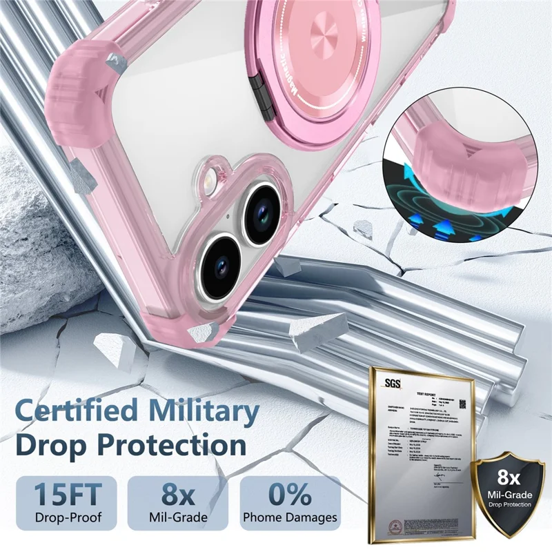Funda para iPhone 17 compatible con MagSafe con soporte giratorio de PC + cubierta trasera de TPU - Rosa transparente