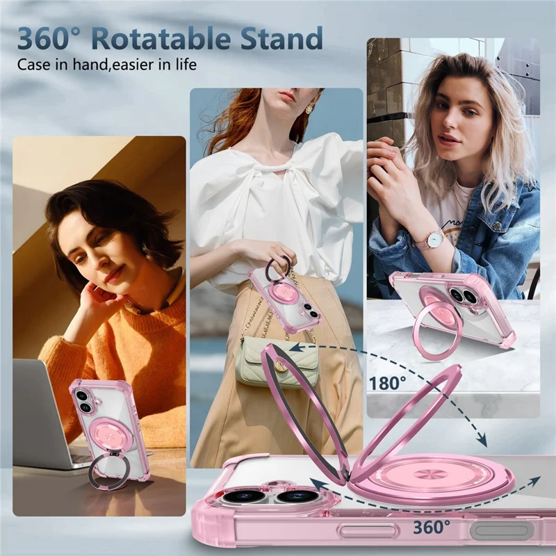 Funda para iPhone 17 compatible con MagSafe con soporte giratorio de PC + cubierta trasera de TPU - Rosa transparente