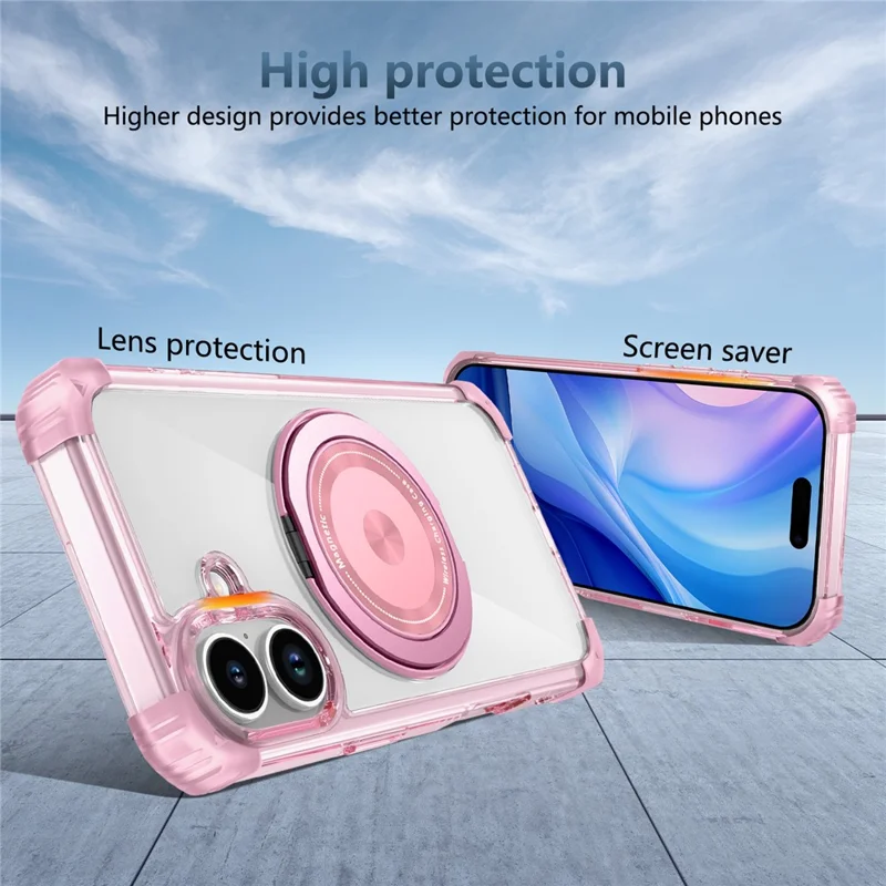 Funda para iPhone 17 compatible con MagSafe con soporte giratorio de PC + cubierta trasera de TPU - Rosa transparente