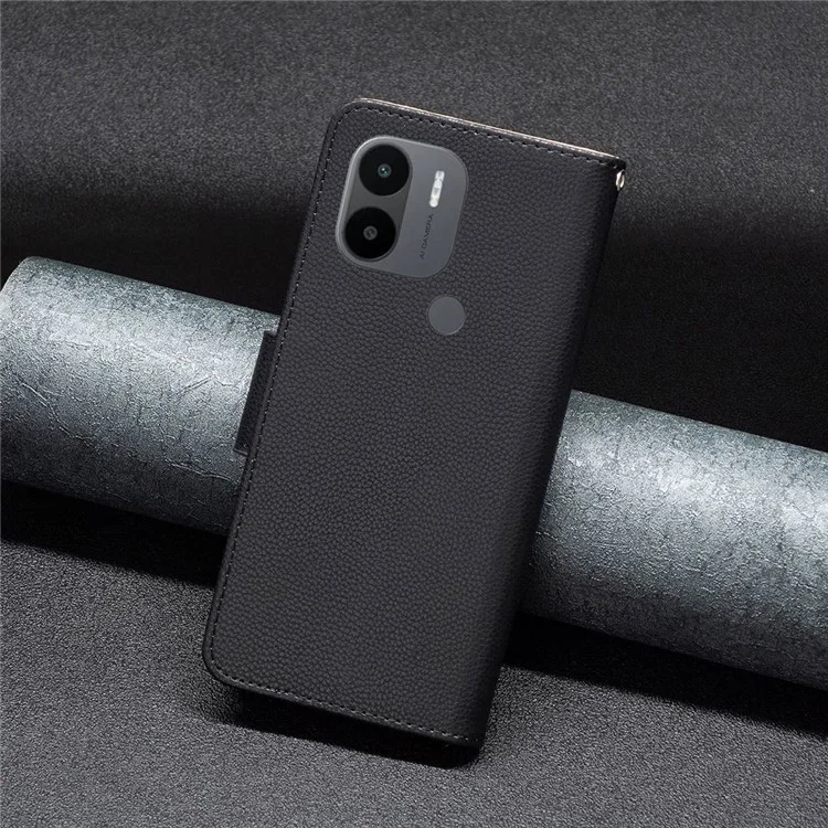 Funda de cuero BF Serie-3 para Xiaomi Redmi A1 4G / A2 4G / A1+ 4G / A2+ 4G / Poco C50 4G Textura de lichí Funda de cartera de piel sintética de estilo libro con cierre magnético y soporte para teléfono - Negro