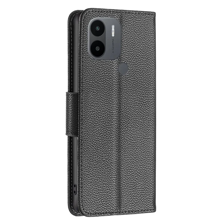 Funda de cuero BF Serie-3 para Xiaomi Redmi A1 4G / A2 4G / A1+ 4G / A2+ 4G / Poco C50 4G Textura de lichí Funda de cartera de piel sintética de estilo libro con cierre magnético y soporte para teléfono - Negro