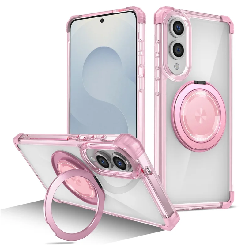 For Samsung Galaxy S25 Edge Magnetic Case Rotating Kickstand PC + TPU Back Cover - Transparent Pink