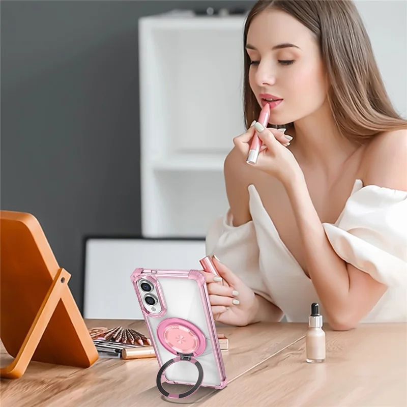 For Samsung Galaxy S25 Edge Magnetic Case Rotating Kickstand PC + TPU Back Cover - Transparent Pink