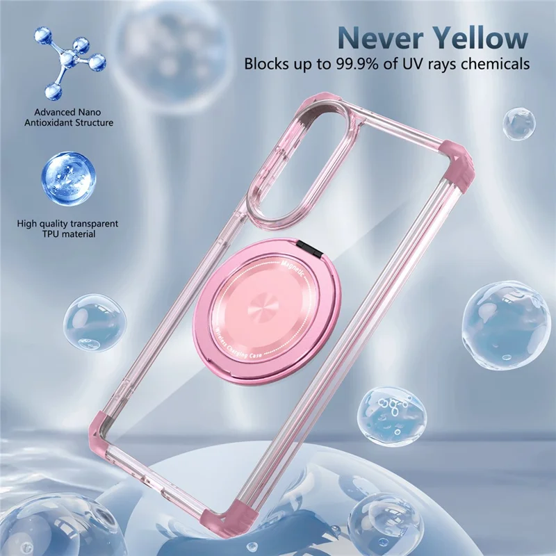 For Samsung Galaxy S25 Edge Magnetic Case Rotating Kickstand PC + TPU Back Cover - Transparent Pink