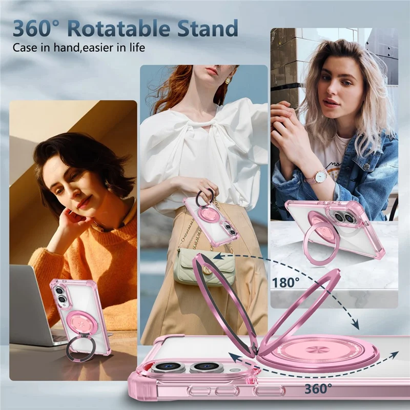 For Samsung Galaxy S25 Edge Magnetic Case Rotating Kickstand PC + TPU Back Cover - Transparent Pink