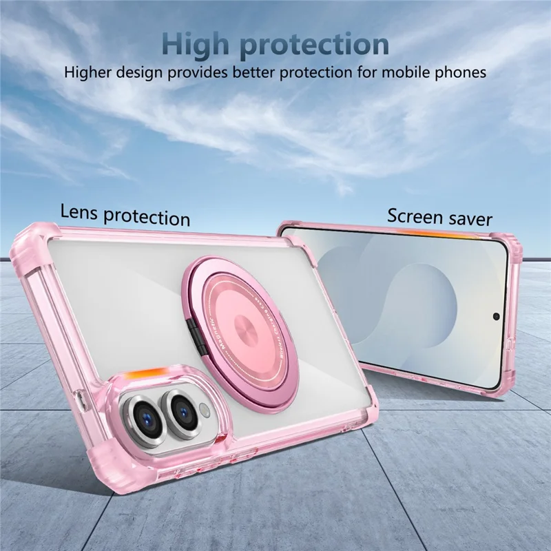 For Samsung Galaxy S25 Edge Magnetic Case Rotating Kickstand PC + TPU Back Cover - Transparent Pink