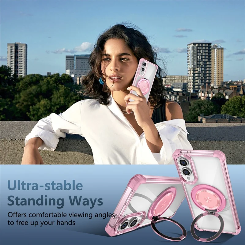 For Samsung Galaxy S25 Edge Magnetic Case Rotating Kickstand PC + TPU Back Cover - Transparent Pink