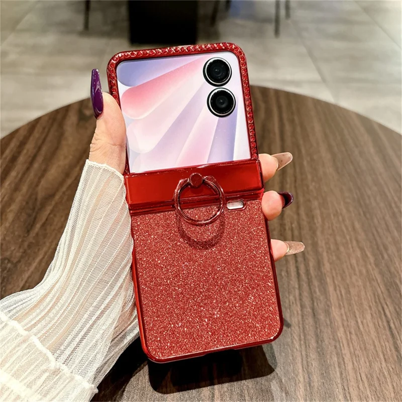 For Honor Magic V Flip 2 Case Shiny Glitter Ring Holder PC Phone Cover with Tempered Glass Rear Screen Film