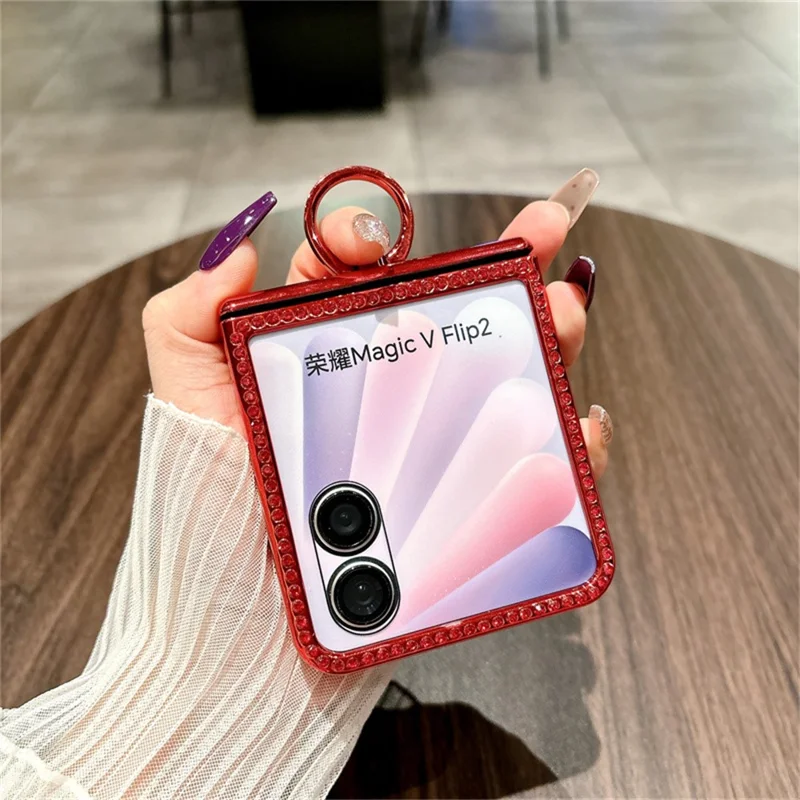 For Honor Magic V Flip 2 Case Shiny Glitter Ring Holder PC Phone Cover with Tempered Glass Rear Screen Film